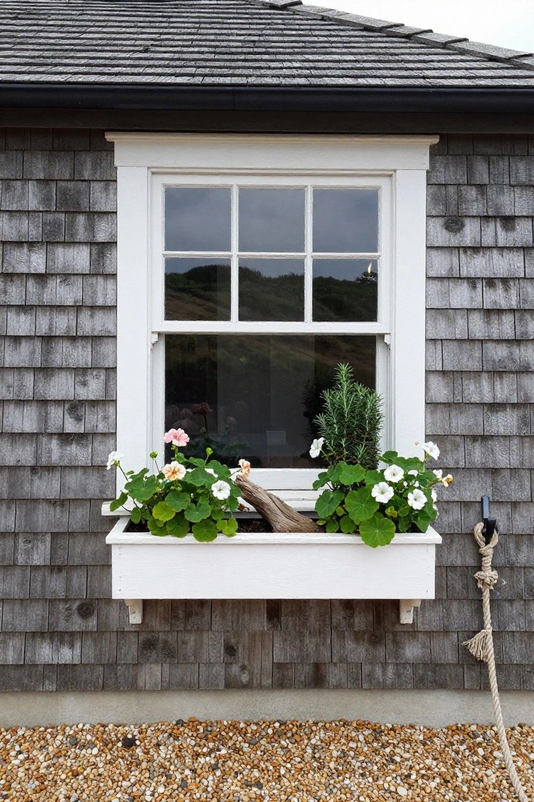 White wooden window box under a six-over-six pane window on a gray shingled house wall, filled with pink and white geraniums, green foliage, rosemary plant, and driftwood, with a coiled rope hanging nearby on gravel ground.