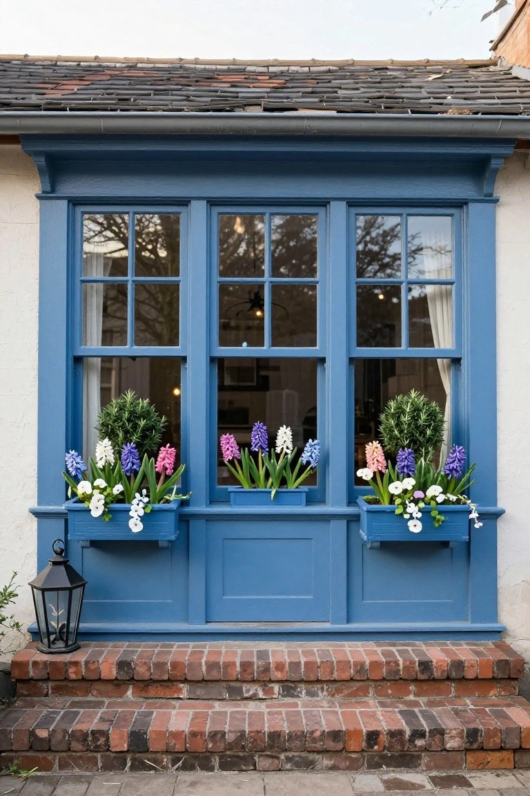 Blue wooden window frame with three glass panes and white flower boxes filled with purple, pink, and white hyacinths plus green topiaries, a black lantern on brick steps below, against a white wall.