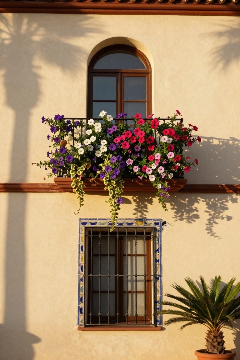 Beige stucco house exterior with arched wooden window above a wrought-iron balcony holding a wooden window box overflowing with multicolored petunias, a lower blue-and-white tiled window with metal grilles, palm shadows on the wall, and a potted palm tree nearby.