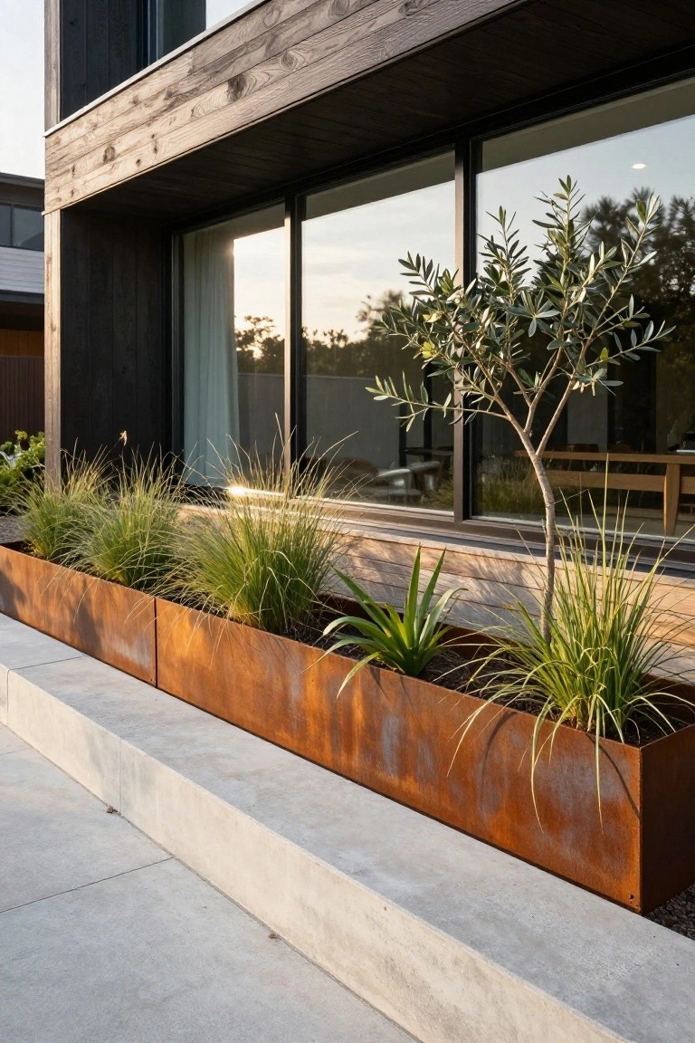 Modern house exterior with dark charred wood cladding, large sliding glass windows overlooking a dining area, long corten steel planters filled with ornamental grasses, agave, and a small olive tree beside concrete steps.