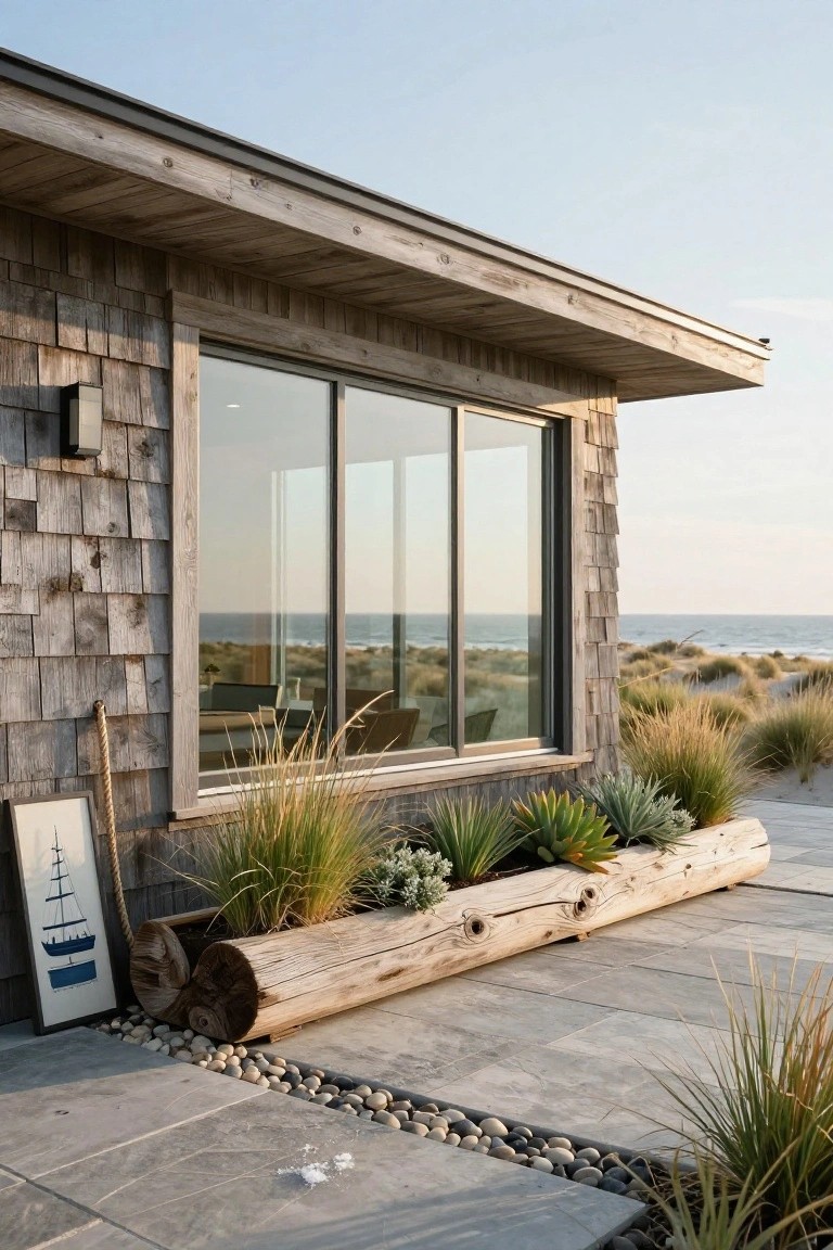 Corner of a shingled beach house with large sliding glass windows overlooking ocean dunes, featuring a hollowed driftwood log planter box filled with grasses and succulents on a stone patio edged with pebbles.
