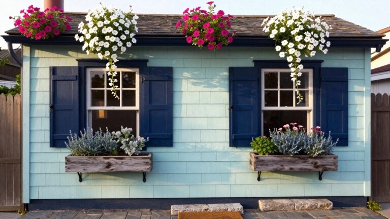 Pale green clapboard house wall with double-hung window flanked by dark blue shutters, wooden window box overflowing with white and pink petunias and silvery foliage, white picket fence at base.