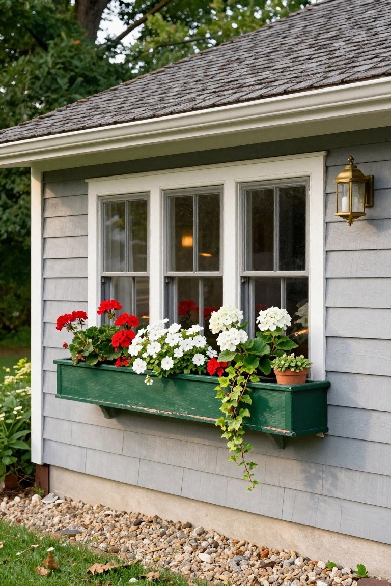 Gray shingled house exterior with white-framed triple window, brass lantern light beside it, and green wooden window box filled with red geraniums, white flowers, trailing ivy, and a small terracotta pot of greenery.