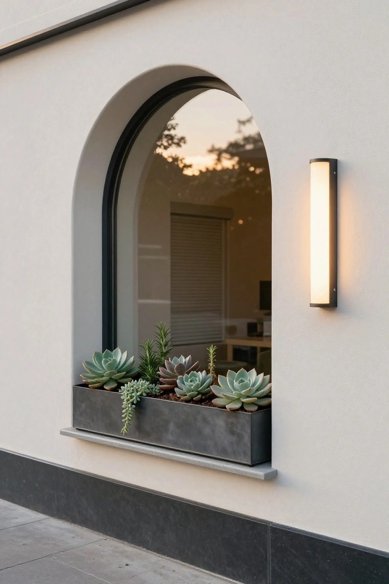 White stucco exterior wall with black-framed arched window, gray metal window box filled with various succulents including echeveria and sedum, linear outdoor wall light mounted beside the window, and view into an indoor office space.
