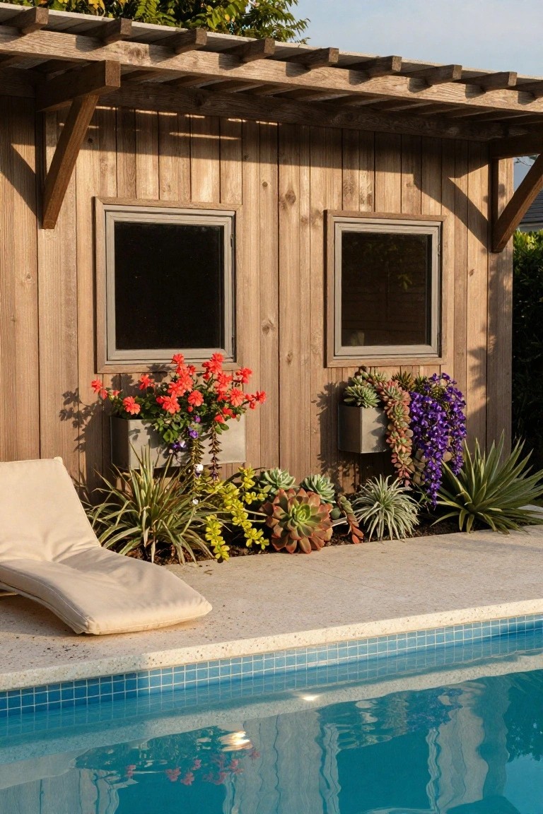 Wooden pool house with pergola roof and two metal window boxes on the wall overflowing with red flowers, succulents, and purple trailing plants, beside a lounge chair, ground succulents and agaves, and edge of a blue-tiled swimming pool.