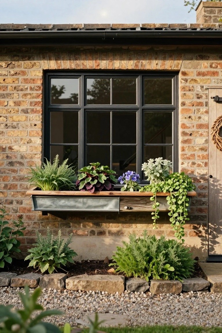 Galvanized metal window box overflowing with ferns, purple flowers, silvery plants, and trailing greenery mounted below a black-framed window on a brick house wall, surrounded by stone edging, gravel path, and ground plants.
