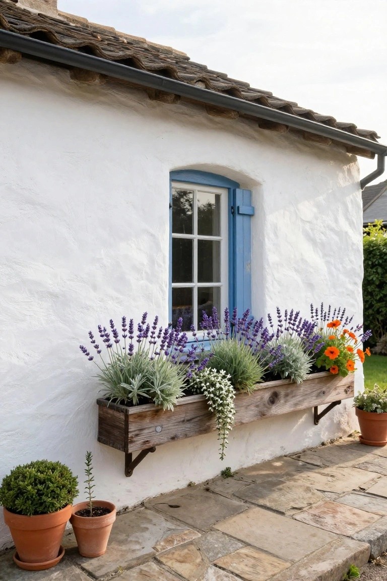White stucco house exterior with curved blue-shuttered window, wooden window box overflowing with lavender, silver plants, orange flowers, and trailing greenery, plus two potted plants on stone pavers below.