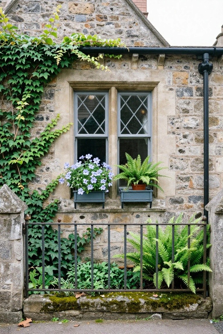 Stone cottage wall covered in ivy with a tall narrow window framed by blue window boxes of blue flowers and ferns, black downspout, and iron fence below with plants and mossy stone base.
