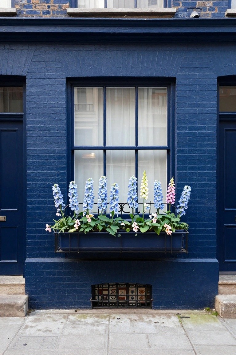 Dark blue brick townhouse exterior with a black metal window box under a large window, overflowing with tall foxgloves in shades of blue, pink, white, and yellow, flanked by dark blue doors and a basement grate.