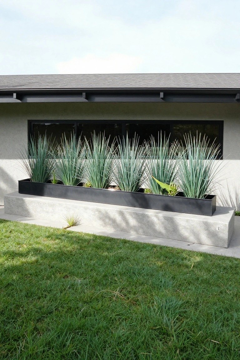 Long black rectangular metal planter box on a concrete base filled with multiple tall bluish-green grasses under a large black-framed window on a beige stucco house exterior with green lawn in front.