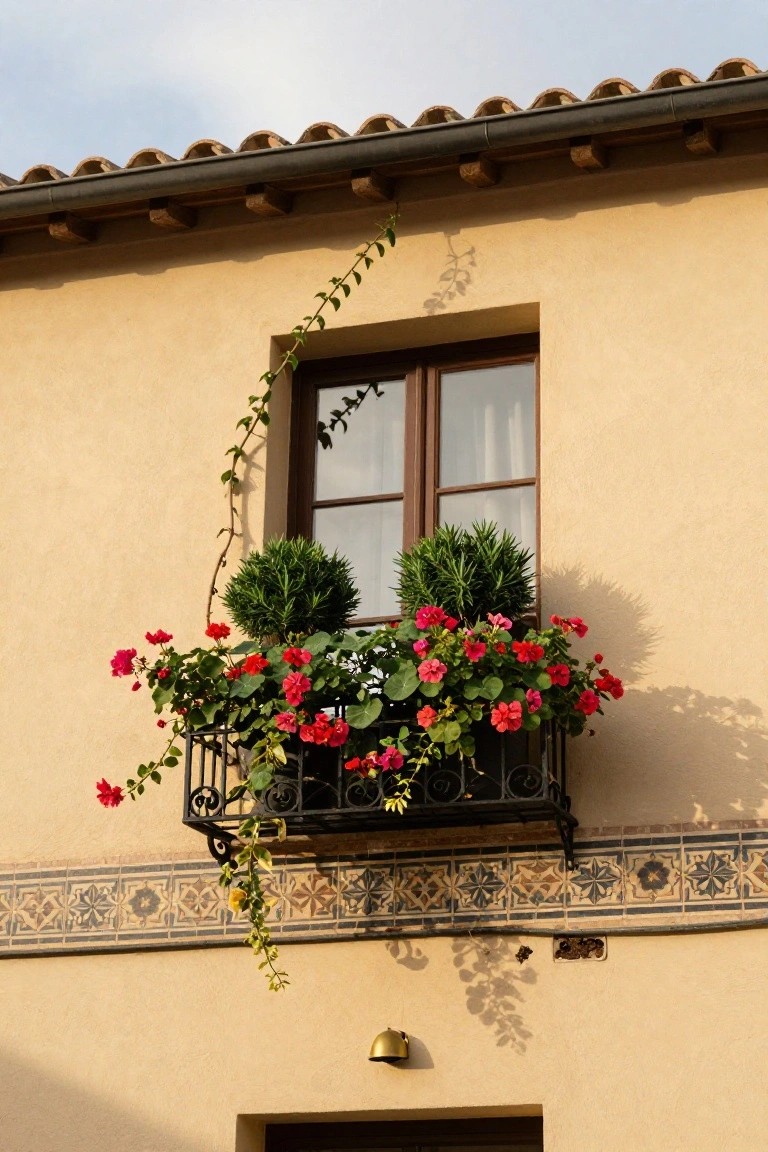 Beige stucco exterior wall of a house with a double casement window, black wrought-iron window box overflowing with red geraniums and green boxwood plants, trailing ivy climbing the wall, and blue tiled border at the base.