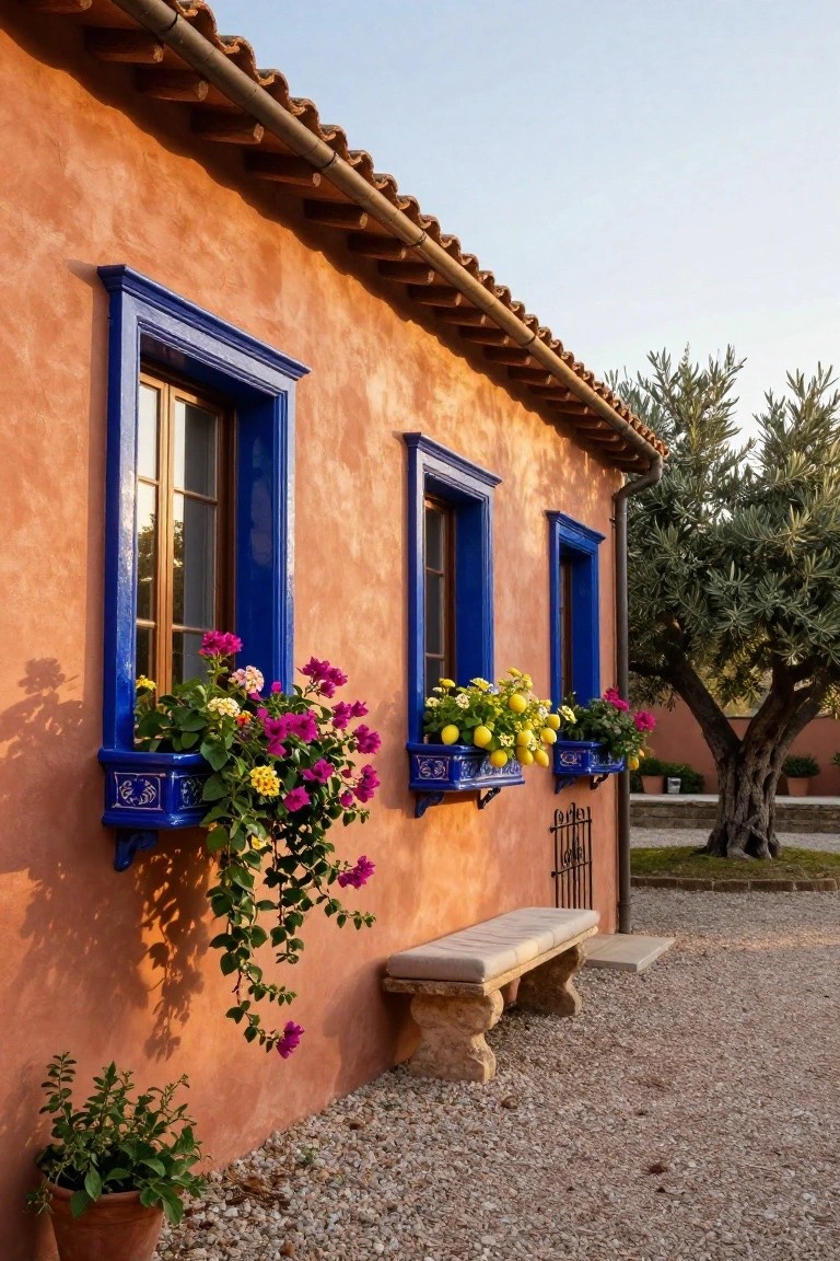 Terracotta stucco house wall with three tall blue-framed windows, each with blue ceramic window boxes overflowing with pink bougainvillea flowers, yellow lemons, and greenery, a stone bench on gravel ground in front, olive trees and gate nearby.