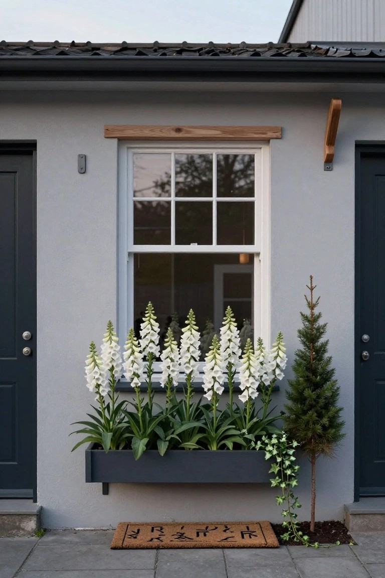 Gray house exterior featuring two dark doors flanking a central window with a black window box below overflowing with tall white foxglove flowers, a small pine tree with ivy at right, and a doormat on the stone path.