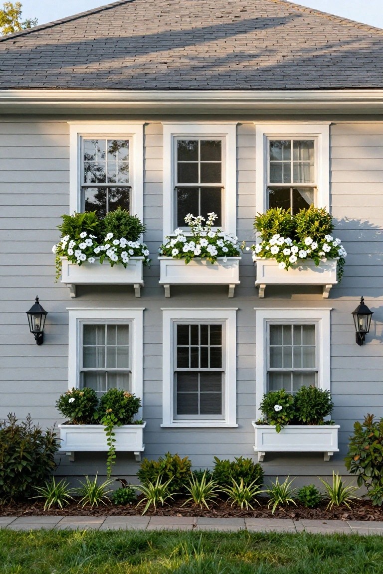 Light gray house exterior with white wooden window boxes overflowing with white petunias under multiple double-hung windows, black lanterns flanking the center windows, and low shrubs and grass in front.