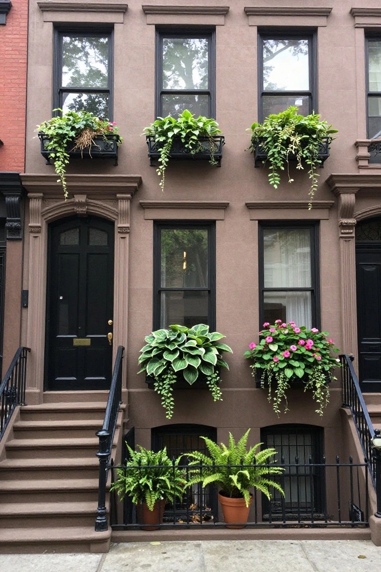 A brownstone townhouse with brown brick exterior, black-framed windows and doors, multiple wrought-iron window boxes overflowing with green trailing plants and pink flowers, and potted ferns and hostas on the front steps and stoop.