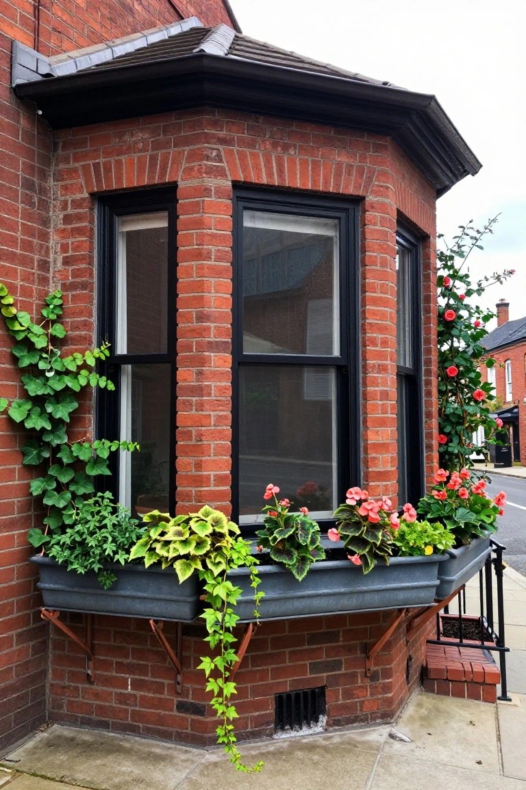 Brick bay window with black frames on a house corner, featuring overflowing metal window boxes with pink begonias, green coleus, and trailing ivy, ivy climbing the brick wall, and climbing roses on the side, viewed from street level.