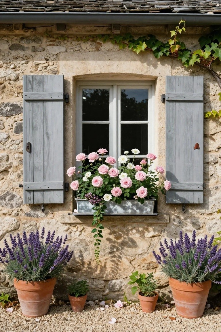 Stone wall of a house with gray wooden shutters open on either side of a double-pane window, a metal window box below filled with pink roses, white daisies, and trailing plants, two large terracotta pots of purple lavender flanking it on gravel ground with smaller pots nearby.
