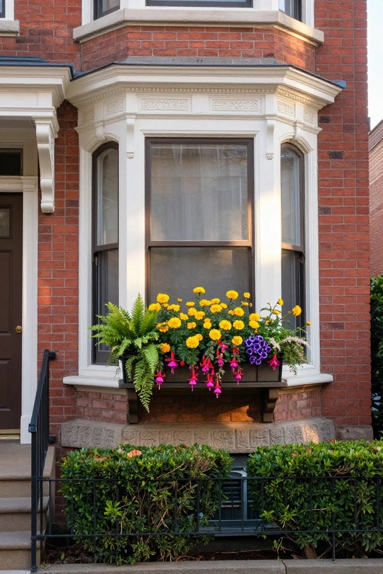 Red brick house exterior with white bay window featuring sheer curtains and an overflowing window box of yellow marigolds, pink fuchsias, ferns, and purple flowers, dark front door, steps, iron railing, and boxwood hedge below.