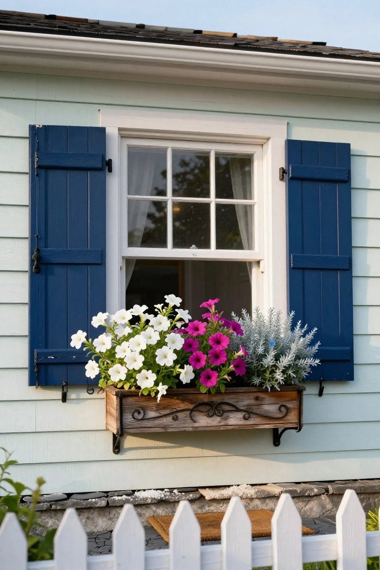 Pale green clapboard house wall with double-hung window flanked by dark blue shutters, wooden window box overflowing with white and pink petunias and silvery foliage, white picket fence at base.
