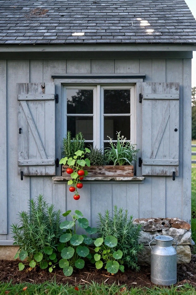 Gray wooden shed with open shutters framing a double-pane window, wooden window box overflowing with red tomatoes and green herbs, rosemary plants at the base, and a galvanized milk can next to a stone foundation.