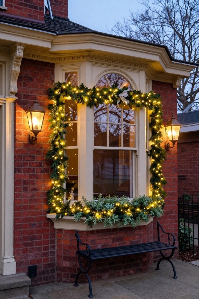 Brick house bay window framed by green evergreen garland strung with yellow lights, with lanterns on brick walls beside it and a black metal bench on the ground below.