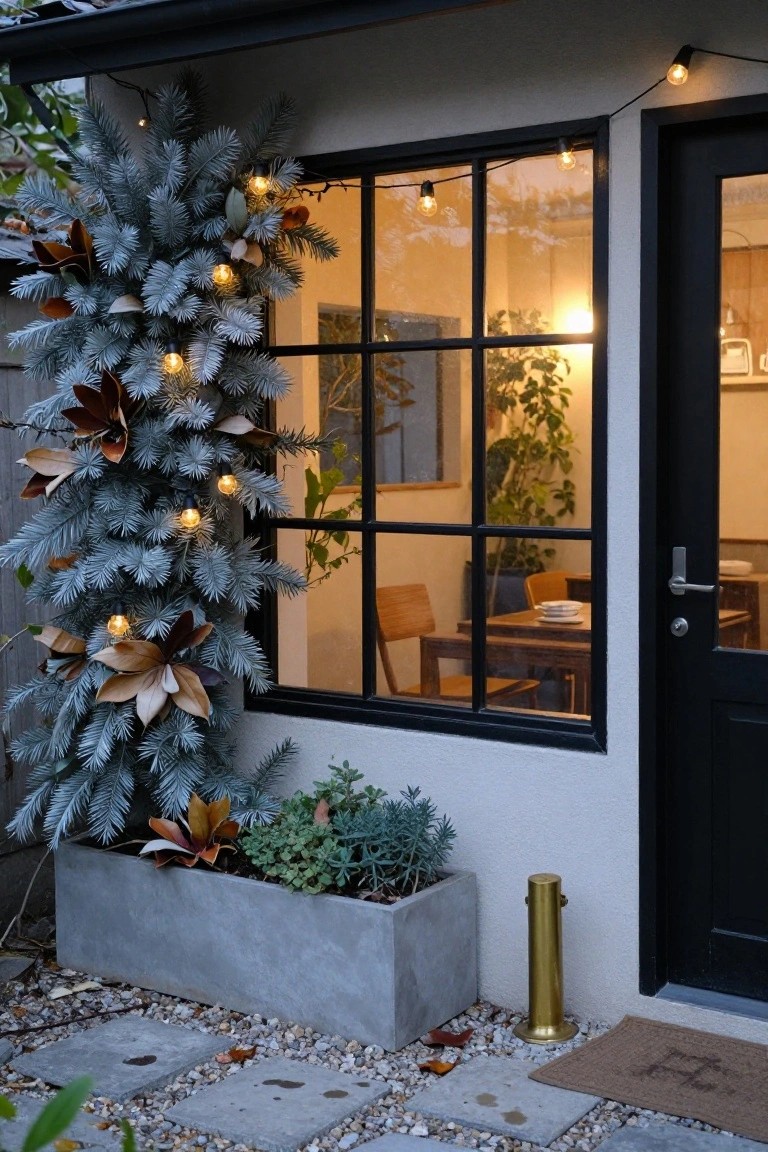 Exterior of a modern house showing a large black-framed window and door wrapped in a tall blue spruce garland with brown magnolia leaves and string lights, concrete planter with plants nearby on gravel path.
