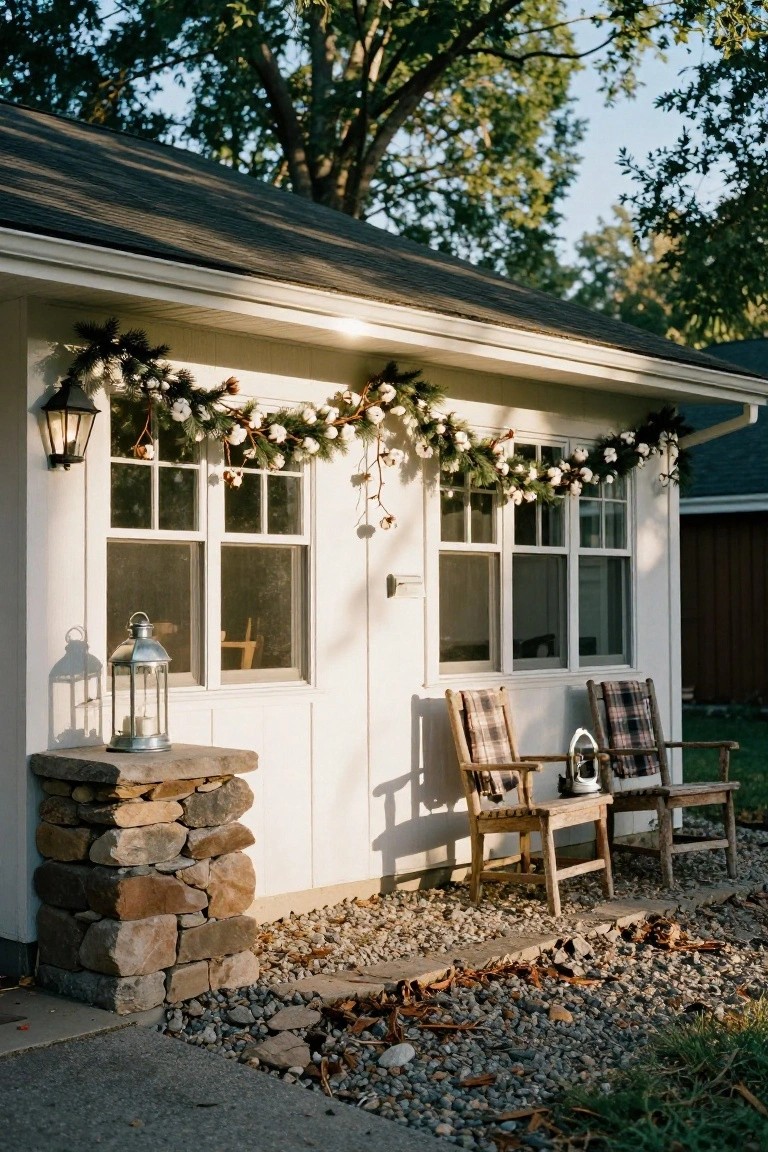 White shed with double windows framed by garlands of pine branches and cotton bolls, two wooden chairs with plaid blankets on a small porch, lanterns, and a stone pillar beside gravel ground.