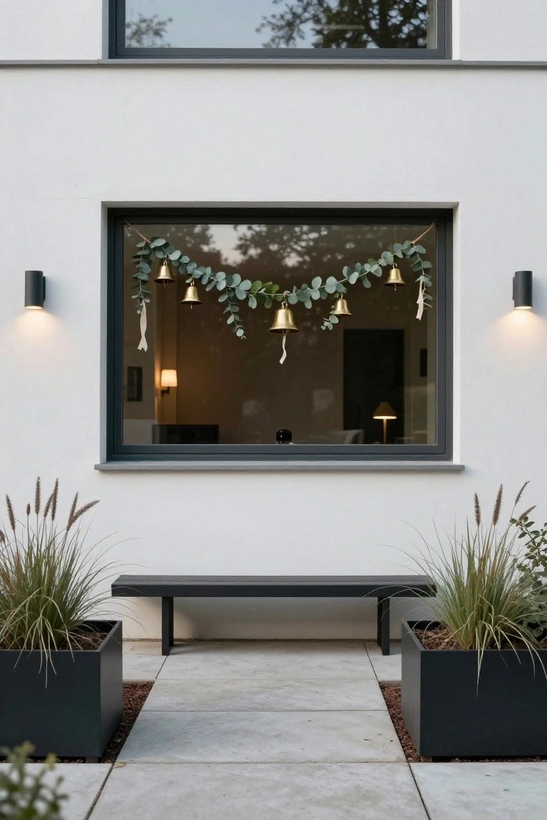 Modern white house exterior featuring a large black-framed window decorated with eucalyptus garland and hanging golden bells, flanked by black wall-mounted lights, a black bench, and tall pampas grass in black planters beside a concrete path.