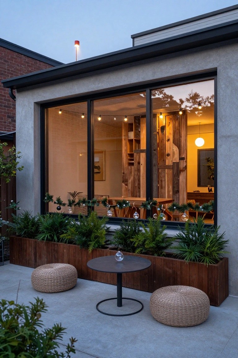 Large exterior picture window framed in black with greenery garlands and hanging glass ornaments along the bottom, wooden planters filled with ferns and plants beside it, and a round metal table with two rattan poufs on a concrete patio at dusk.