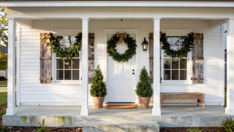 White clapboard house with a front porch decorated by evergreen garland draped along the roofline and wrapped around columns with burlap bows, potted arborvitae trees flanking the steps, black lanterns beside the door, and a wicker chair on the porch.
