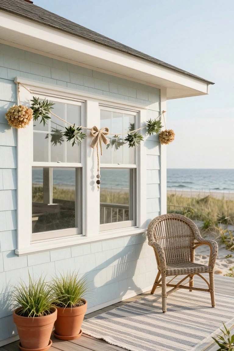 Light blue shingled house exterior featuring double windows framed by jute rope garlands with dried yellow flower clusters, green spiky leaves, and a tan fabric bow, next to a wooden deck with potted grasses, wicker chair, and striped rug, overlooking beach dunes and ocean.