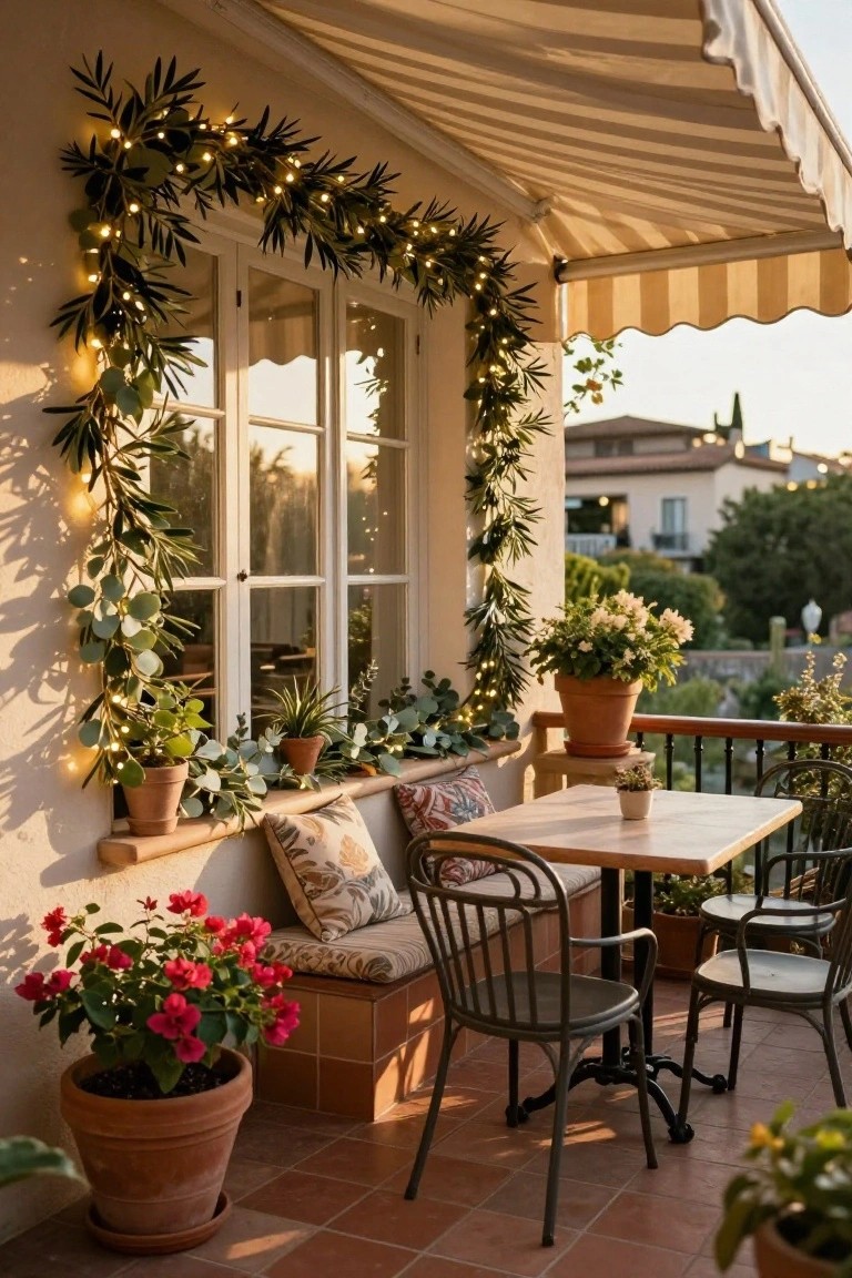 Balcony with window framed by olive branch garland and fairy lights, potted plants including succulents and red hibiscus, small wooden table with two metal chairs, beige awning overhead, terracotta tile floor, and hillside view at sunset.