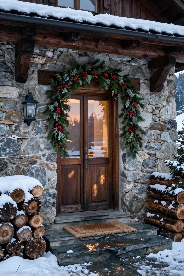 Snowy stone chalet entrance featuring wooden double doors framed by an arch of evergreen garland with red berries, a wall lantern, and firewood stacks on either side.