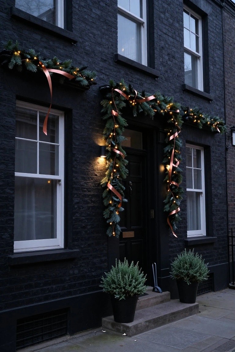 Black brick townhouse facade with evergreen garlands draped over windows and door, accented by copper ribbons and string lights, and flanked by black pots of shrubs on stone steps.