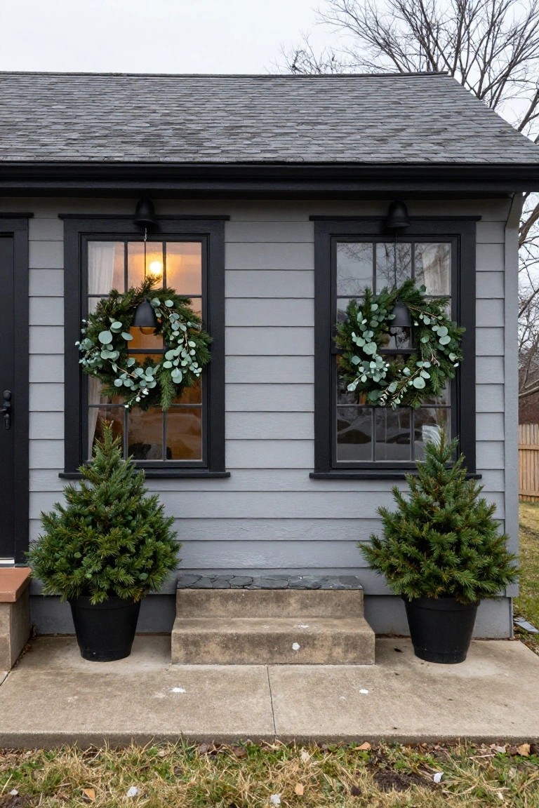 Gray clapboard building with black-framed double-hung windows each adorned with a large eucalyptus and pine wreath featuring a black bell, flanked by two small potted Christmas trees on either side of a concrete stoop.