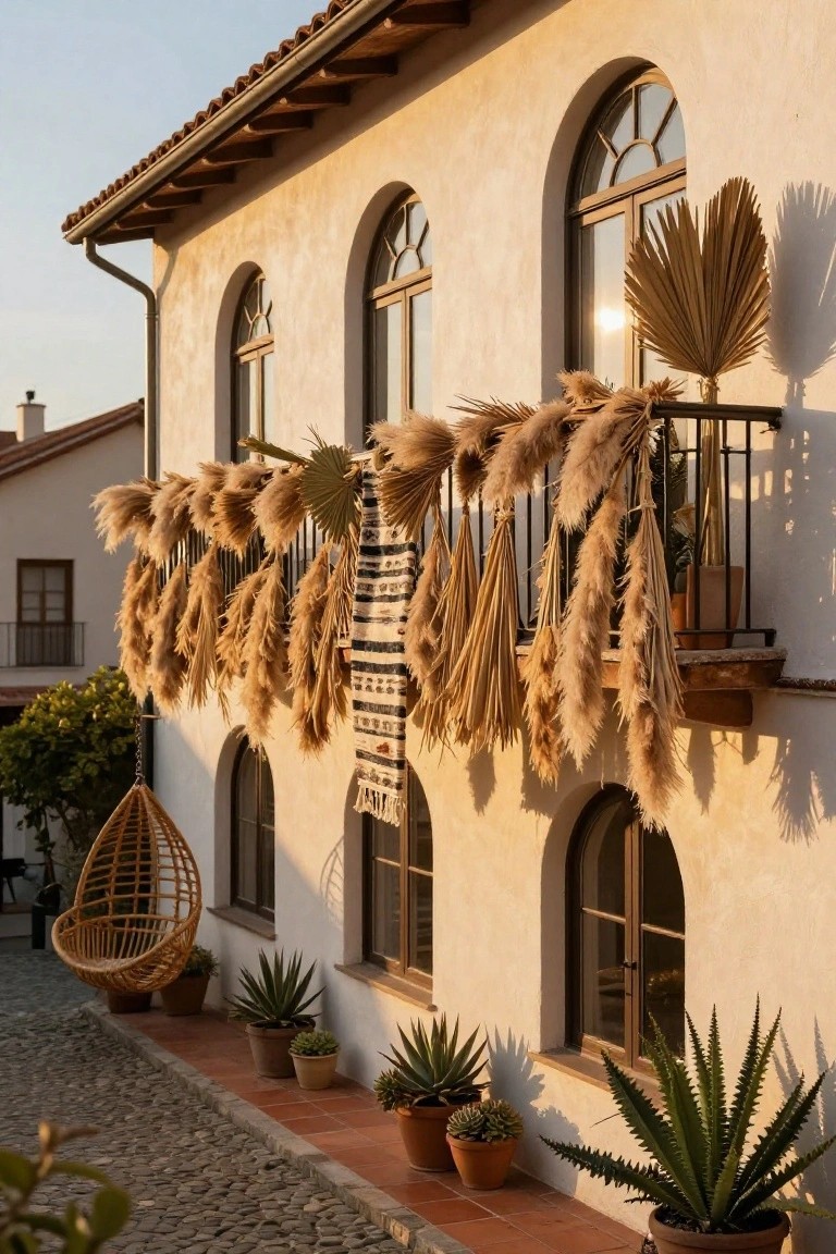 White stucco house exterior with terracotta tile roof, arched windows, black metal balcony railing hung with multiple strands of dried pampas grass and palm fronds, potted agave plants along the base, and a hanging wicker chair nearby on a cobblestone path.