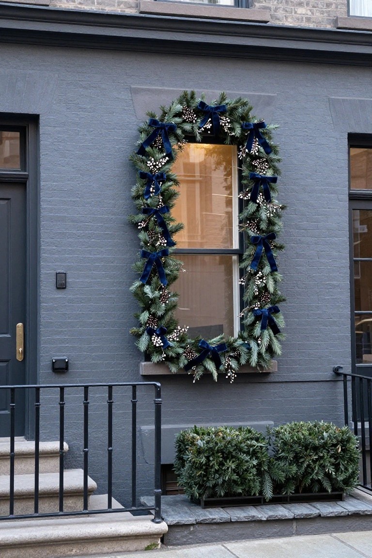 Gray brick townhouse exterior featuring a tall double sash window framed by evergreen garland with navy blue ribbon bows, pine cones, and berries, next to a dark door on stone steps with iron railing and boxwood planters.
