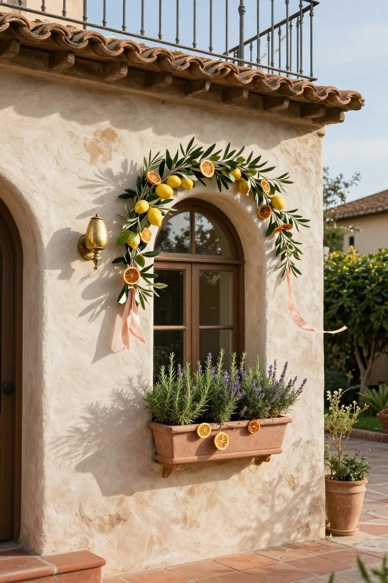 Beige stucco exterior wall with arched wooden window framed by olive branch garland decorated with lemons and oranges, terracotta window box below filled with rosemary and lavender plants plus dried orange slices, gold wall lantern beside dark wood door, potted plants nearby on tiled patio.