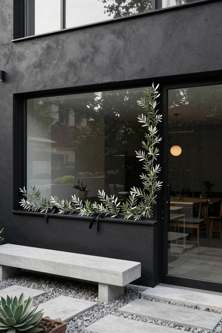 Contemporary house exterior with black textured stucco wall, large black-framed window and sliding glass door decorated with olive branch garland tied by black ribbons on the sill, concrete bench, gravel patio, and potted agave plant in front.
