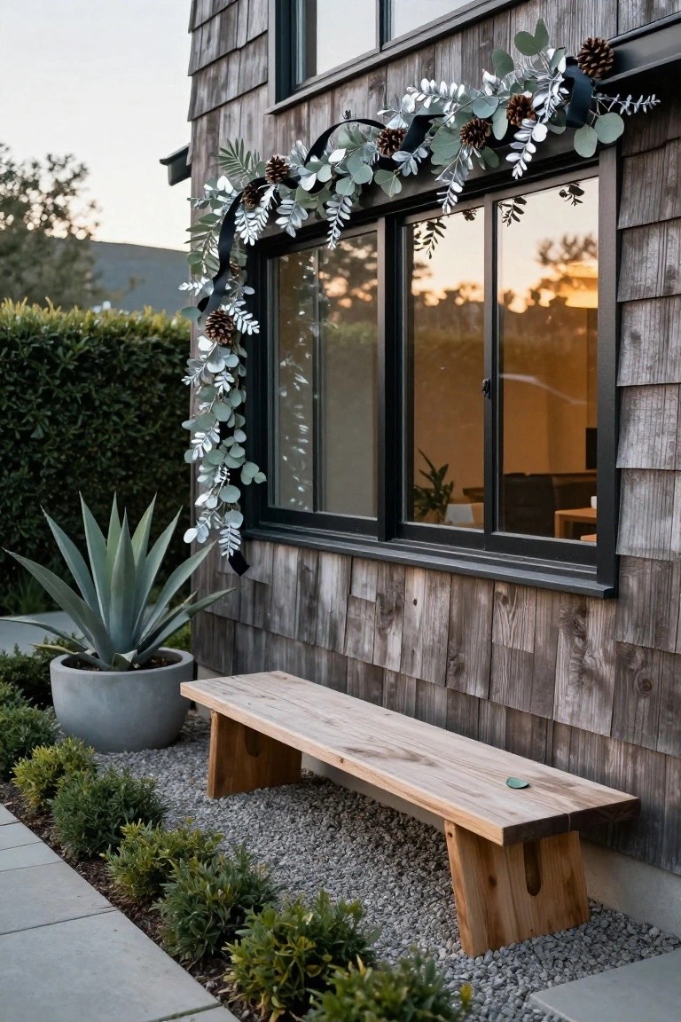 Shingled house exterior with black-framed sliding window decorated by silver eucalyptus garland, pinecones, and black ribbons draped along the top and side, wooden bench on gravel nearby with potted agave plant and low shrubs.