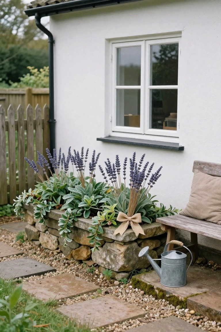 White exterior house wall with a double-pane window above a rectangular stone trough planter overflowing with lavender spikes, green foliage, and a burlap bow, wooden bench with beige cushion nearby, metal watering can on stone pavers beside gravel path and picket fence.