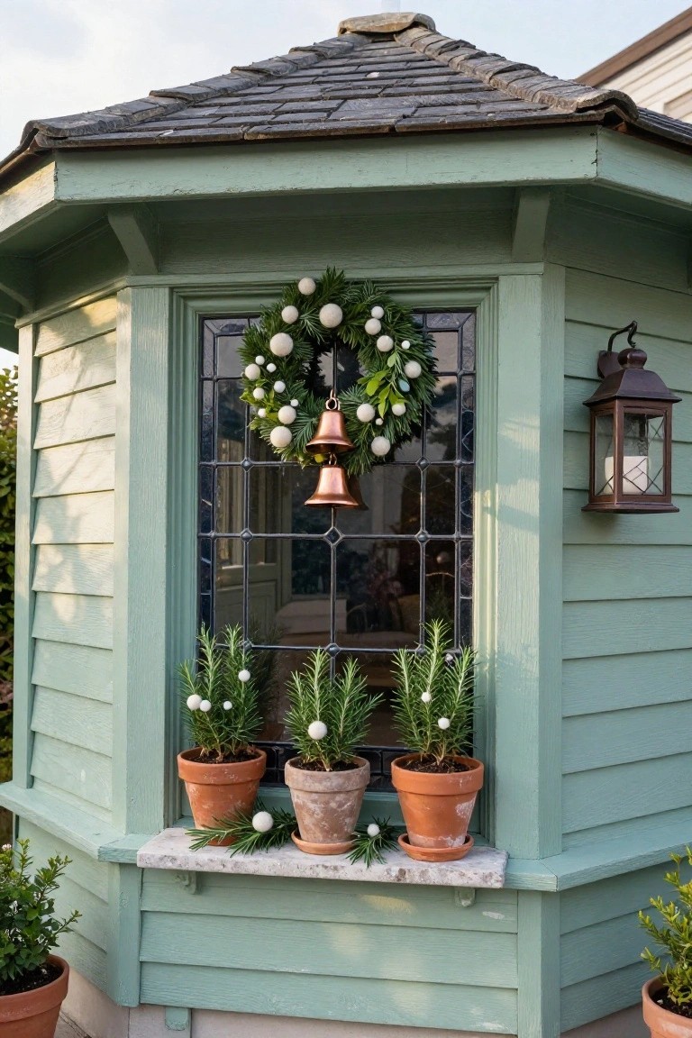Sage green octagonal garden shed with leaded glass window decorated by evergreen wreath with white pom poms, greenery, and brass bells, terracotta pots of rosemary on stone sill, boxwood shrubs at base, and lantern light mounted on wall.
