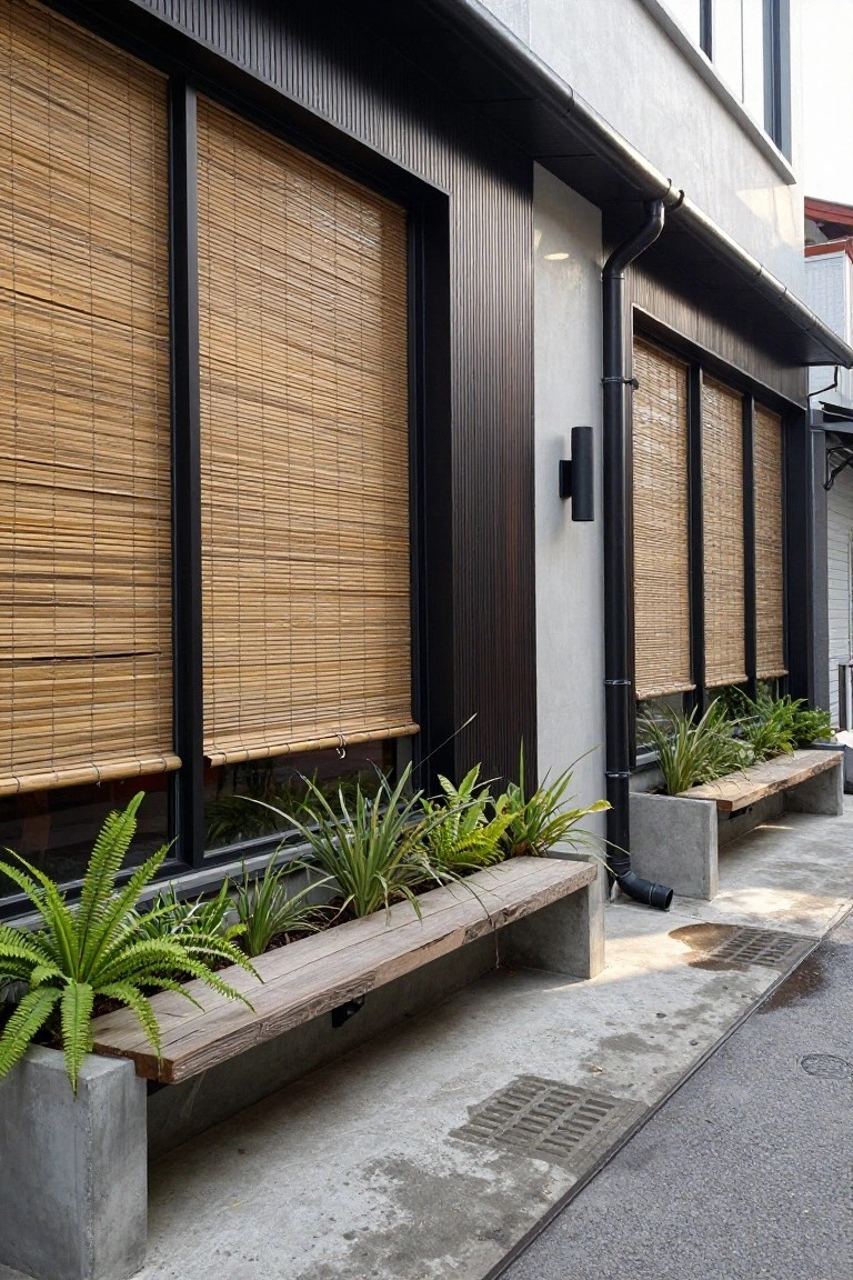 House exterior with large windows covered by bamboo blinds in black frames, concrete planters holding green plants, a wooden bench, and a gutter along a concrete walkway.