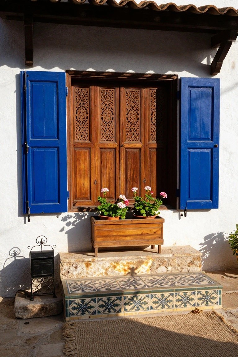 White stucco house exterior with open blue shutters framing intricately carved wooden double doors, wooden planter box with pink geraniums above the doors, tiled entry steps, black metal mailbox stand, and seagrass rug on stone base.