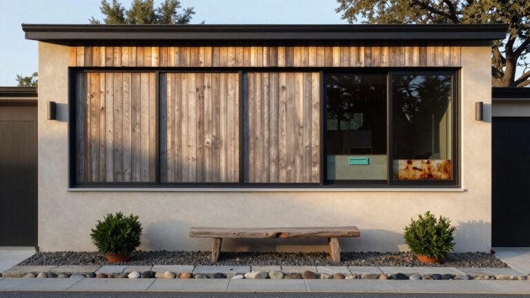 22 Exterior Window Privacy Screen Ideas That Still Look Beautiful Side exterior of a stucco house wall with vertical wood accents, black-framed sliding window showing indoor kitchen glimpse, turquoise mailbox, double wall light, wooden bench, and two large terracotta pots with trimmed boxwood shrubs on gravel beside concrete pavers and grass.