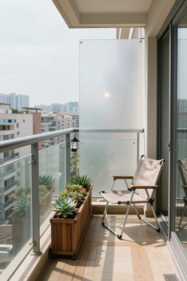 Balcony with frosted glass privacy screen on railing, wooden planter box filled with succulents, beige folding chair, glass balustrade, and city view in background.