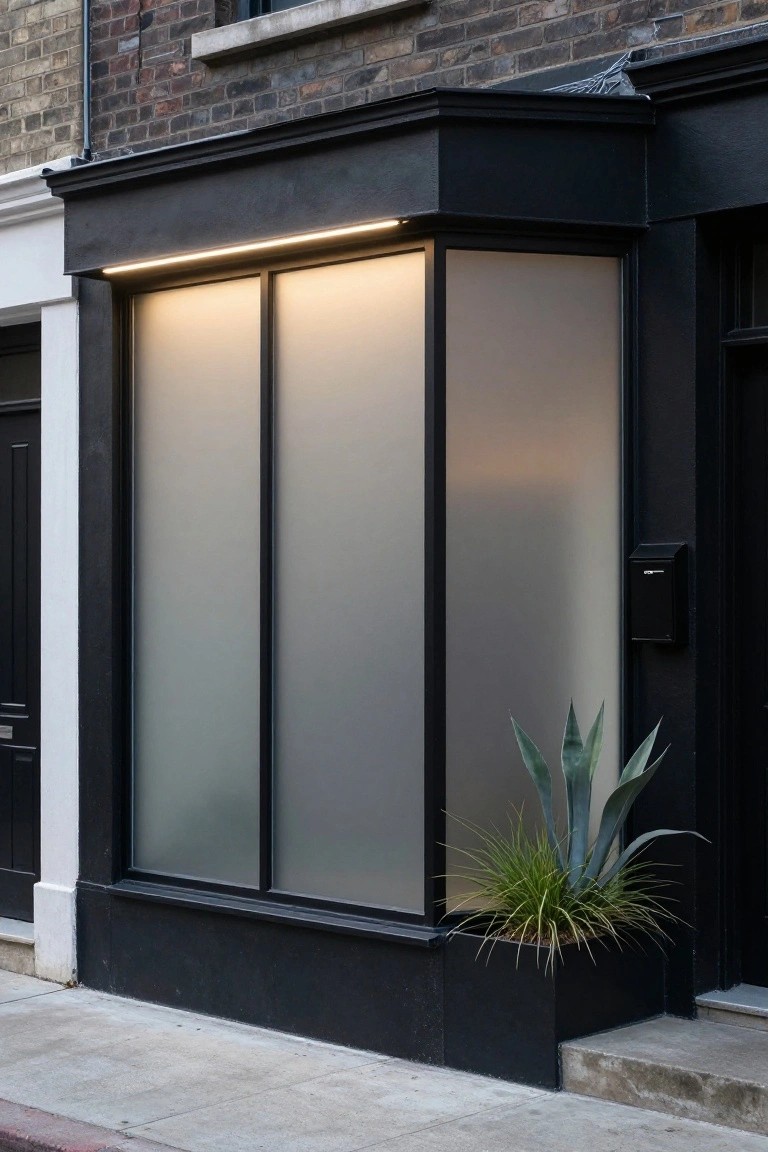 Bay window with two tall frosted glass panels in slim black frames on a dark-painted brick house exterior, potted agave plant in black container nearby, black mailbox mounted on wall, urban sidewalk in foreground.