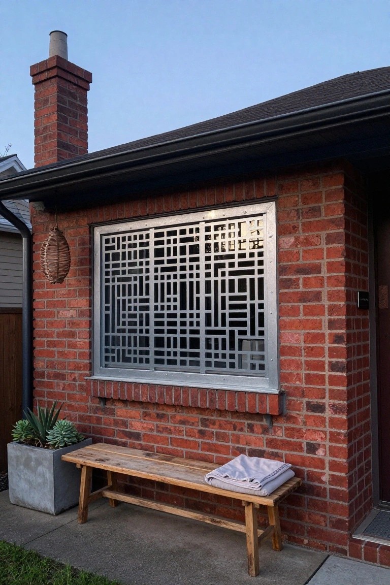 Brick house exterior with a large rectangular window covered by a silver geometric metal grid screen, wooden bench draped with a gray blanket, potted agave plant, wicker lantern, and dark wood door.