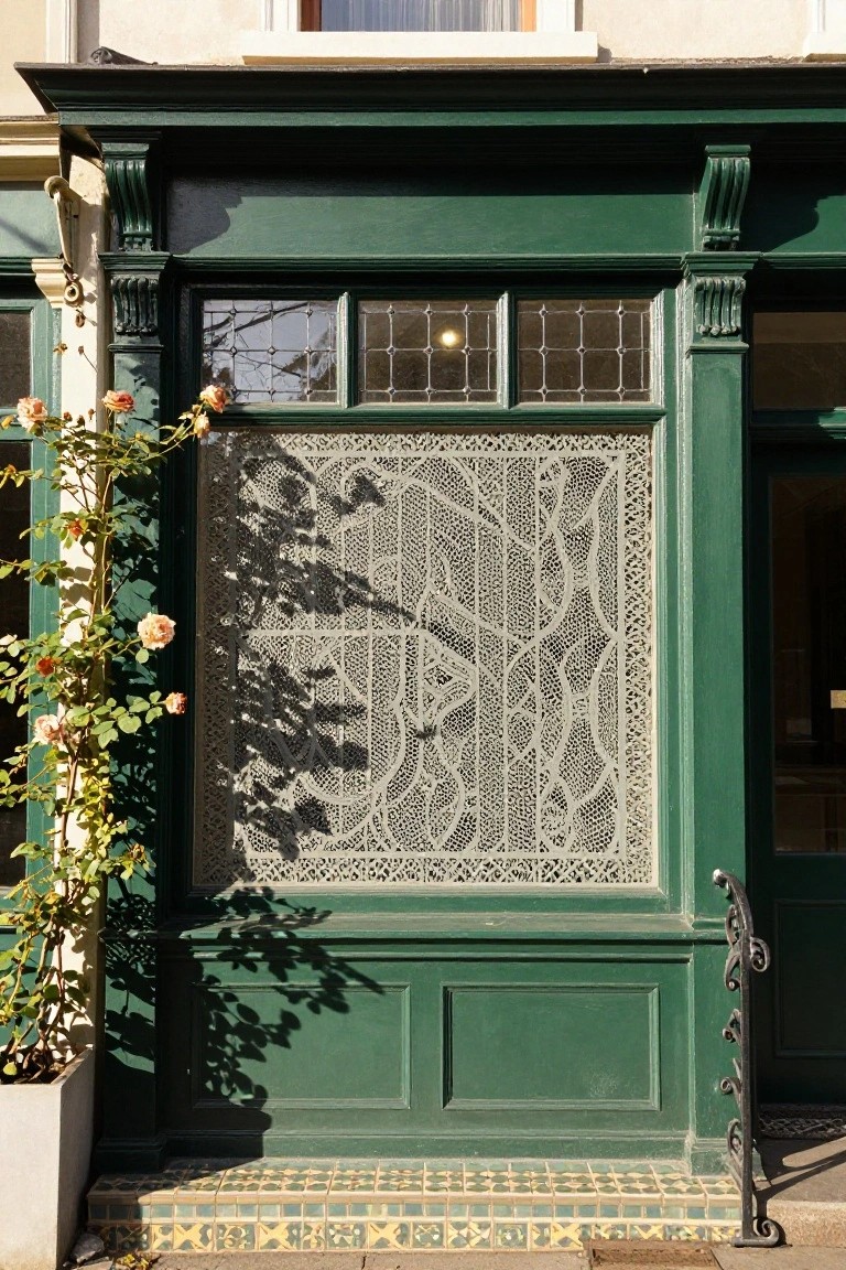 Green-painted building facade with a large lower window covered by intricate white lace-patterned screen, flanked by leaded glass side windows, climbing pink roses on the left, and ornate entry door with tiled steps.