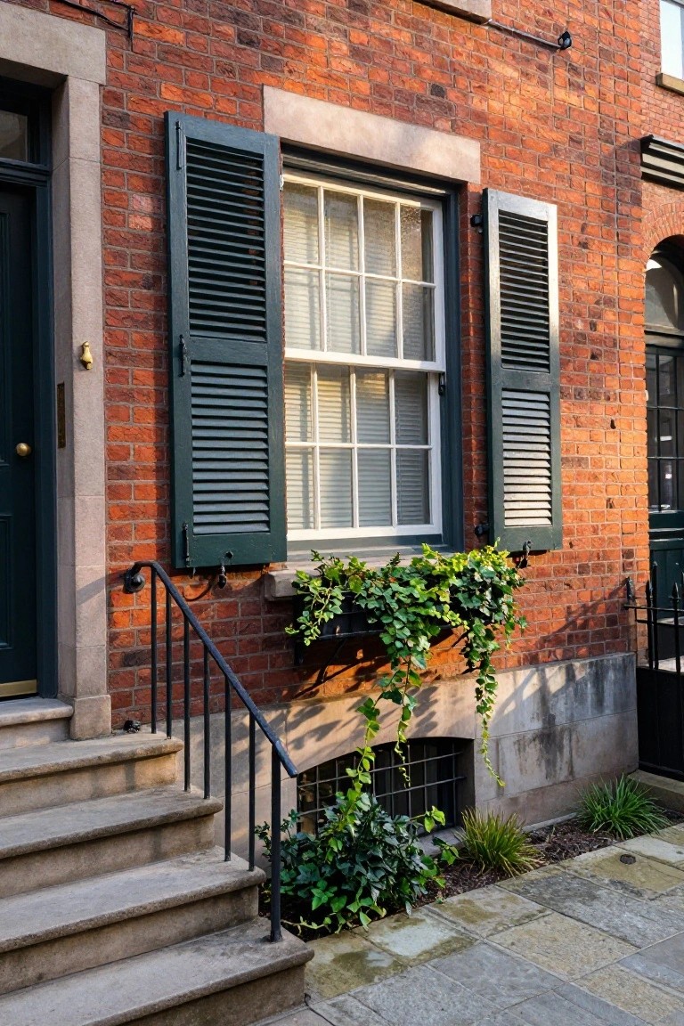 Red brick townhouse facade with green louvered shutters flanking a multi-pane sash window, ivy-filled window box below, black wrought-iron railing on stone steps leading to a dark green front door.